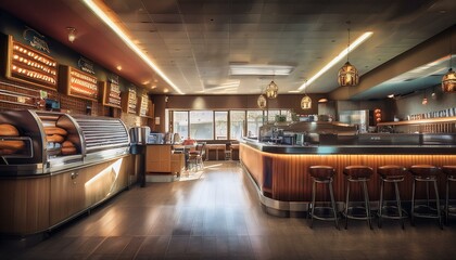 Fototapeta premium An interior photo of a fast food restaurant counter is in the middle of the screen.