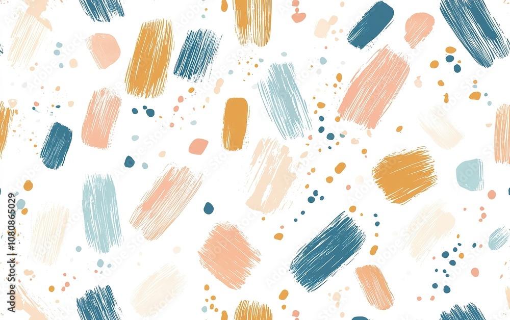 Poster colorful abstract brush strokes and dots on a white background creating a vibrant and artistic patte