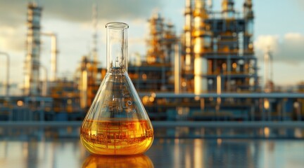 A glass flask filled with orange liquid in front of an industrial refinery, symbolizing chemical production and industrial research.