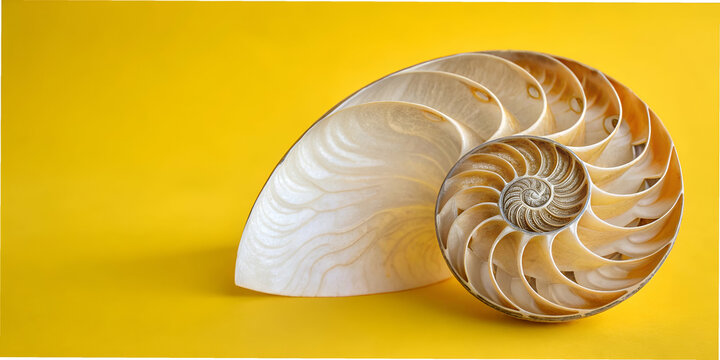 A beautifully detailed nautilus shell with intricate spiral patterns, set against a bright yellow background, showcasing nature's design.