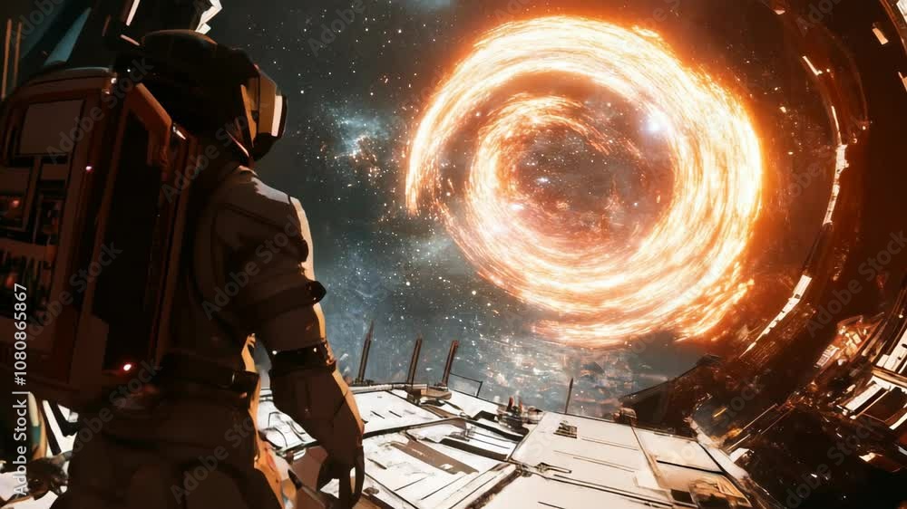 Poster astronaut stands in the open airlock of a spaceship, gazing at a rotating wormhole in the vastness o