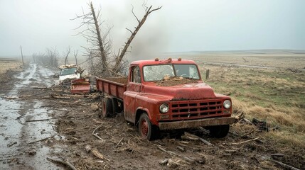 Fototapeta premium Tornado, funnel shape and its impact.An old red truck is seen on a muddy road, surrounded by debris and a fallen tree, illustrating the aftermath of a storm or flooding event.