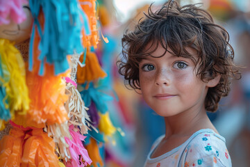 Generative AI Image of a Smiling Child in Colorful Traditional Costume at a Festive Holiday Celebration