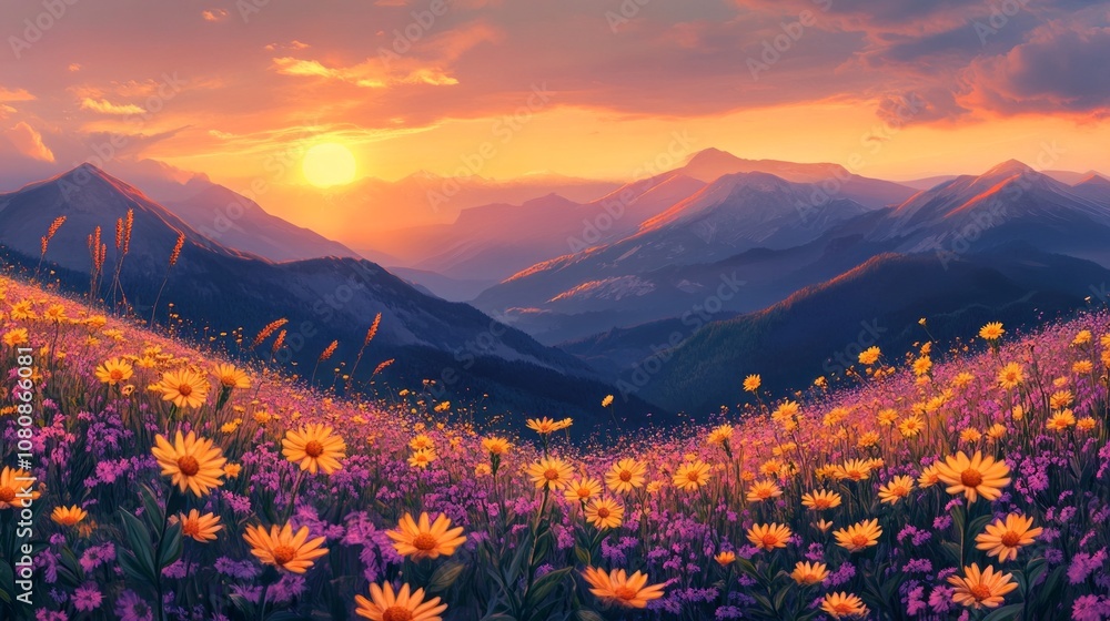 Poster a beautiful field of flowers with a sun setting in the background
