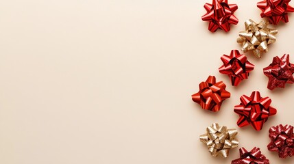Red and Gold Gift Bows on Beige Background