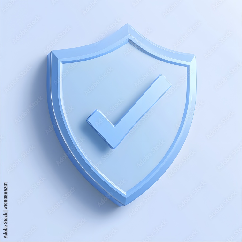 Poster blue 3d shield protection icon with check for online payment on white background concept, user accou