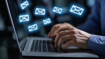 businessman writing emails on notebook laptop. close up view on hands typing. bright mail icons