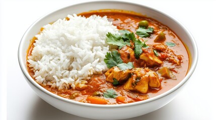 A bowl of rice and curry. The curry is red and has vegetables in it. The rice is white