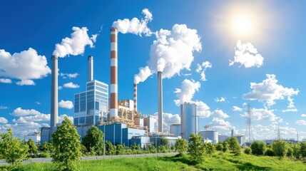 Industrial Landscape with Smoke Stacks and Bright Sky Highlighting Regulatory Compliance in Carbon Offset Programs