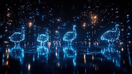 Captivating Digital Illumination of Peacock Silhouettes in a Starry Night, Radiating Lights and Sparkling Effects for Modern Artistic Expressions