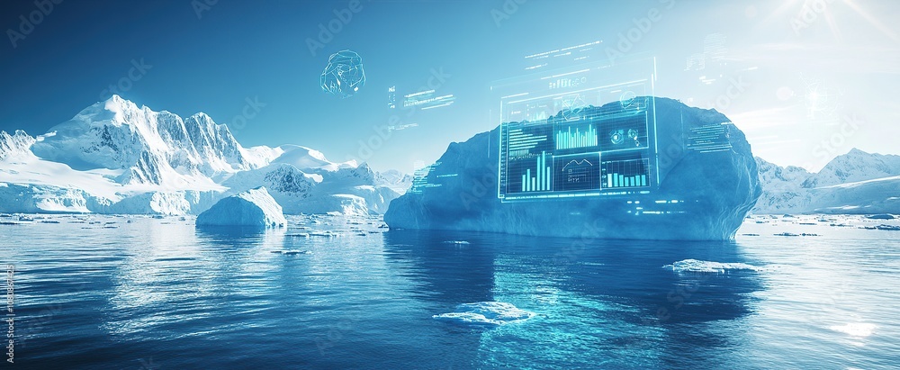 Poster digital icebergs with data visualizations and graphs floating in the water