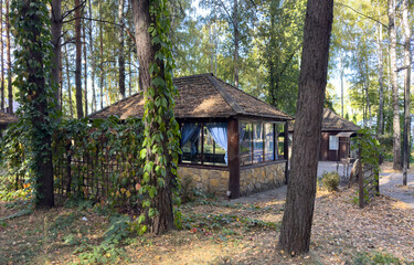 A small cabin with a roof and a porch