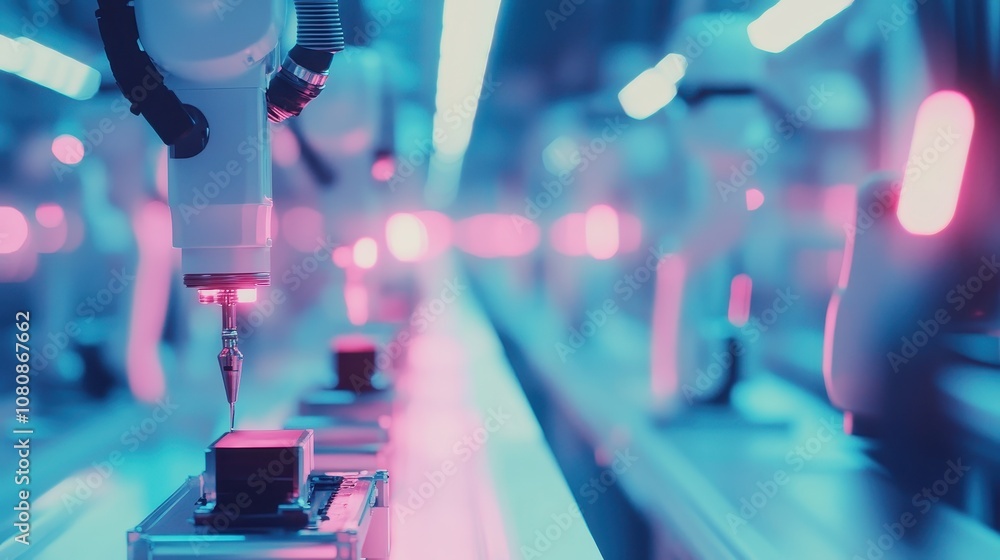 Poster robotic assembly lines producing high-tech products in a modern factory