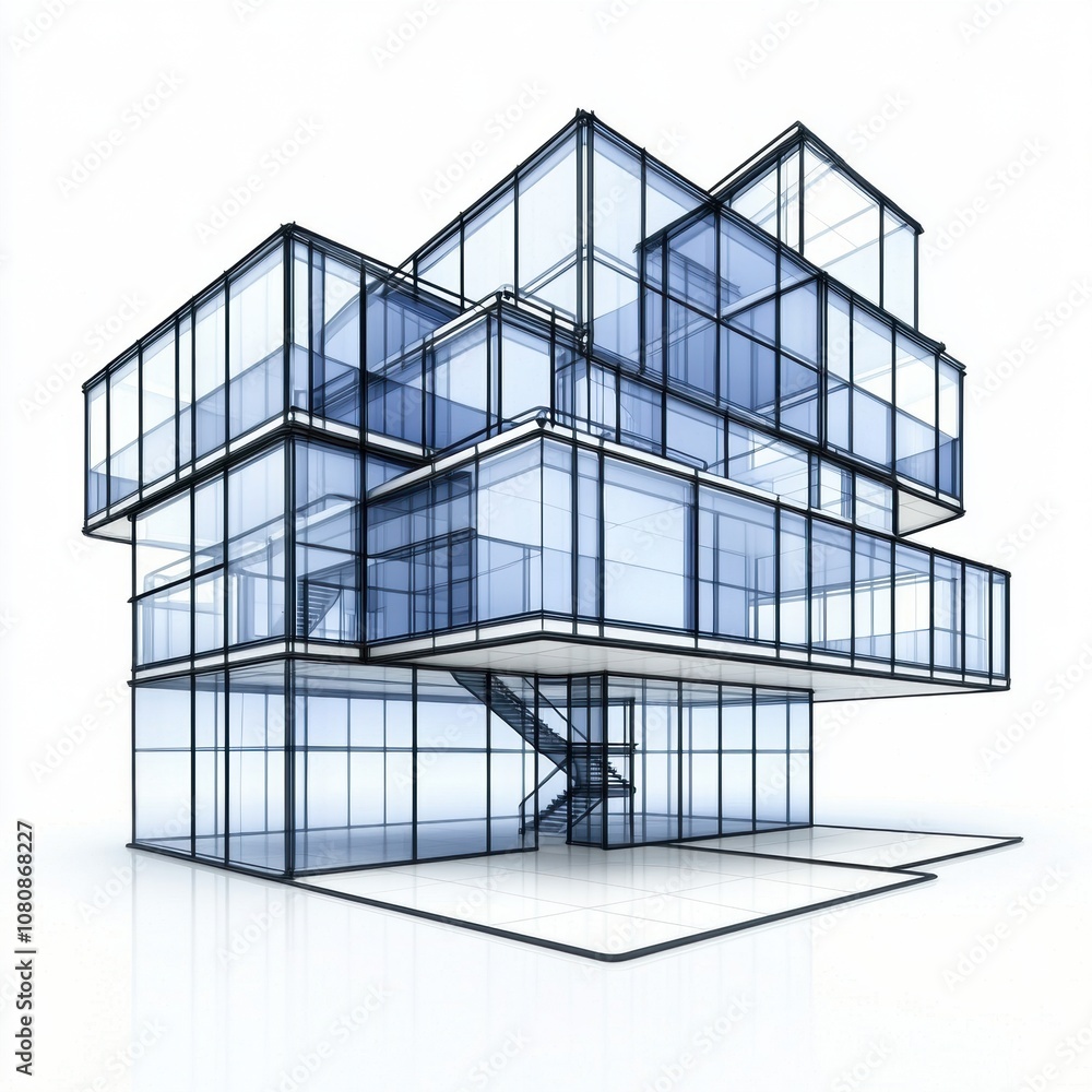 Poster modern architectural design concept featuring transparent glass structures and geometric shapes with