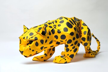 A striking origami sculpture of a leopard crafted in vibrant yellow with black spots. Handcrafted paper art