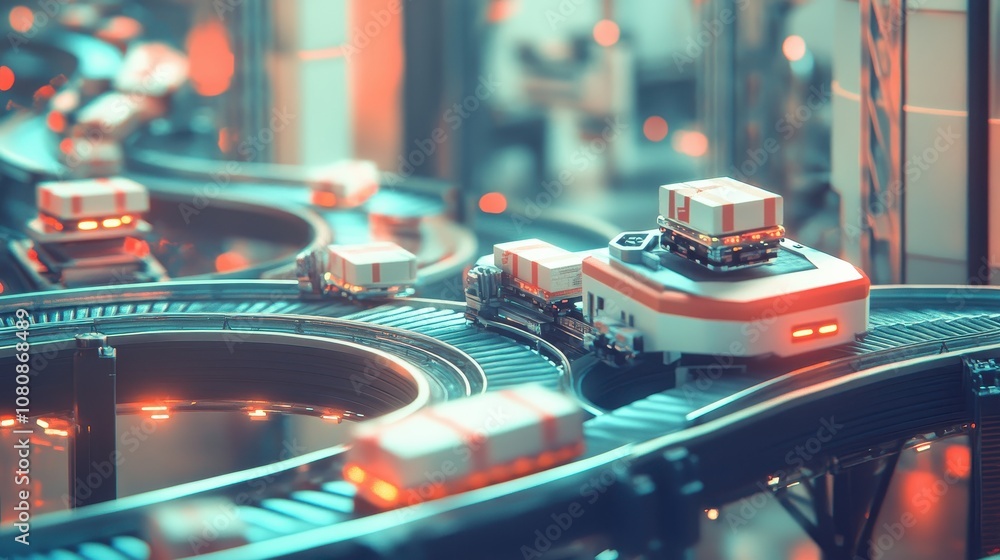 Poster robots moving packages through a complex network of conveyor belts