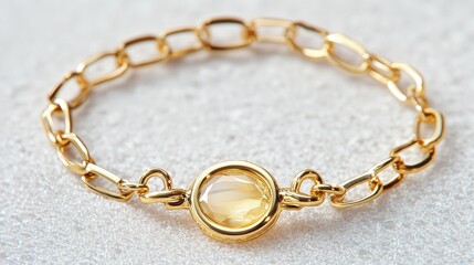 Elegant Gold Bracelet with Central Gemstone, Showcasing Contemporary Design and Fine Craftsmanship Under Soft Light on a Textured Surface