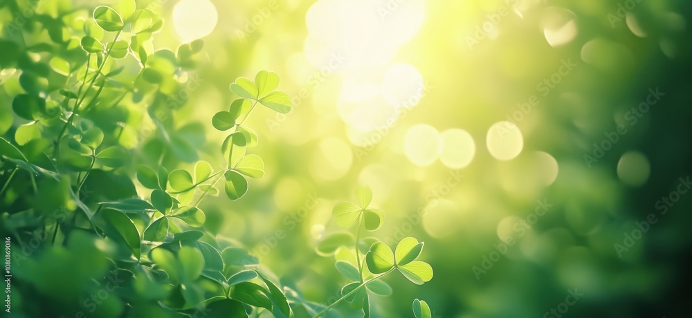 Aufkleber lush green clover leaves basking in sunlight, creating a serene atmosphere with soft bokeh effect