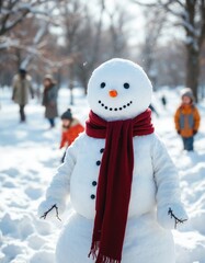 Fototapeta premium Snowman with a carrot nose, hat, and scarf. standing outside on a winters day.