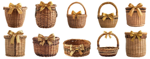 Bundle of blank empty wicker basket decorated with golden bow isolated transparent PNG set