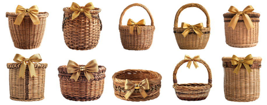 Bundle of blank empty wicker basket decorated with golden bow isolated transparent PNG set