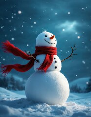 Fototapeta premium Snowman with a carrot nose, hat, and scarf. standing outside on a winters day.