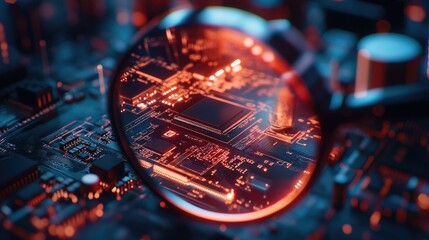 Fototapeta premium Magnifying glass highlighting small details on a circuit board, illustrating tech and electronics focus