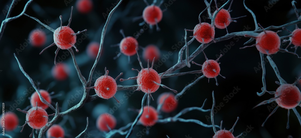 Poster neurons and synapses, intricate network of red neurons with branching structures, showcasing cellula