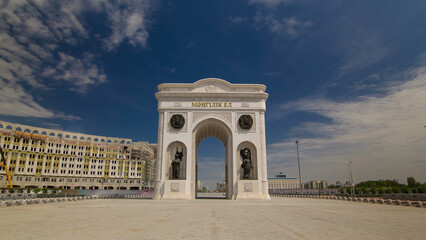 Triumphal arch timelapse hyperlapse and the central part of the city in Astana, Kazakhstan.