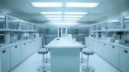 A sterile, white laboratory interior with a long central table surrounded by stools, glass cabinets, and stainless steel surfaces.