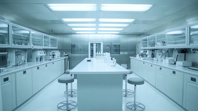 A sterile, white laboratory interior with a long central table surrounded by stools, glass cabinets, and stainless steel surfaces.