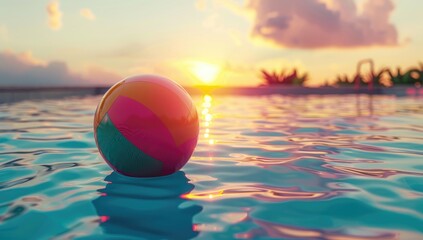 Obraz premium A colorful beach ball floating on the sparkling water of a swimming pool, with blurred background of a sunny resort, symbolizing fun and relaxation.
