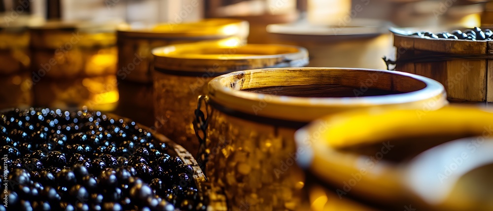 Poster close-up of small wooden bowls filled with shiny black beads and colorful craft materials on a rusti