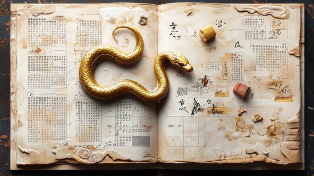 An ancient book lies open, featuring cryptic symbols and aged pages, with a striking golden snake curled atop, enhancing its mystical aura.