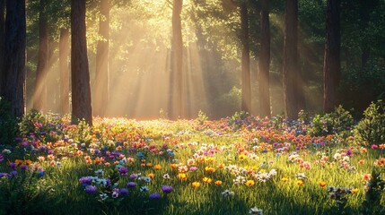 Sunbeams through a Spring Forest Meadow