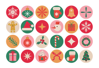 Set of merry Christmas flat style icons. New Year holidays icon big set. Snowflake, сhristmas tree, snowman, balls, gingerbread, wreath. Vector isolated