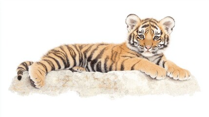 Obraz premium Playful Baby Tiger Cub Relaxing on a Rock, Showcasing its Distinctive Stripes and Adorable Features in a Natural Setting, Perfect for Wildlife and Animal Lovers