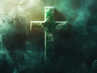 Jade spiritual cross, rich green tones with a soft glow, suspended in a cosmic background, a symbol of peace and grounding