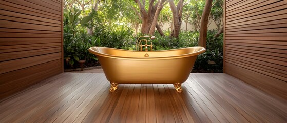 A luxurious golden bathtub is set outdoors, surrounded by lush greenery and wooden walls, creating a serene atmosphere. Concept Luxurious Outdoor Bathing, Serene Atmosphere, Golden Bathtub Elegance
