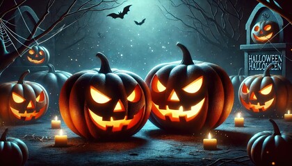 Halloween pumpkin blue light in mysterious night