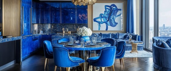 Modern Dining Room with Blue Accents and City View