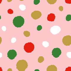 Festive dots seamless pattern. Simple Christmas ornament. Hand drawn green, red and gold blobs on pink background. Abstract backdrop.