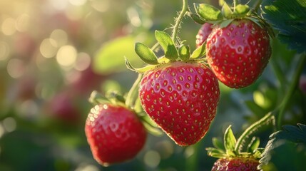 Closeup of Ripe Strawberries on a Plant