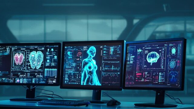 Doctor working at futuristic office, multiple monitors displaying medical images, data and body scans.