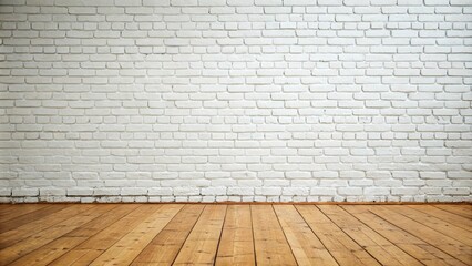 Fototapeta premium A large white brick wall with a warm wooden floor in the background, cozy atmosphere, natural materials