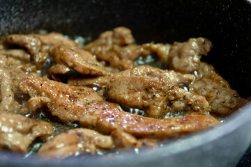 Sizzling meat in a frying pan, showcasing delicious textures and flavors. Perfect for culinary or food-related projects.