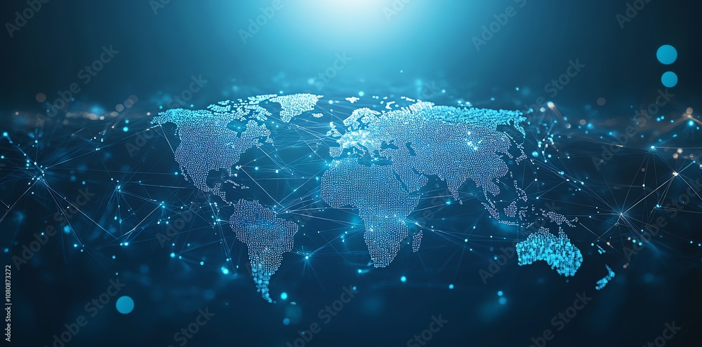Aufkleber a stylized digital world map connected by lines and glowing dots on a dark blue background.