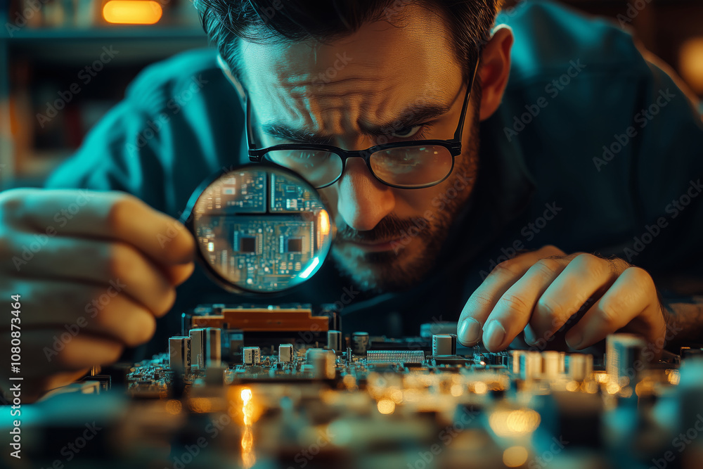 Poster Focused engineer meticulously assembling a circuit board in a workshop