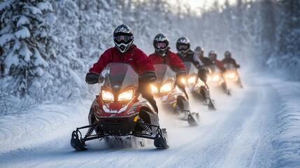 Group of Snowmobiles in Lapland