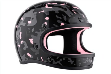 Fototapeta premium Stylish Black and Pink Camo Motorcycle Helmet with Smooth Finish and Comfortable Interior for Safe and Trendy Riding Experiences